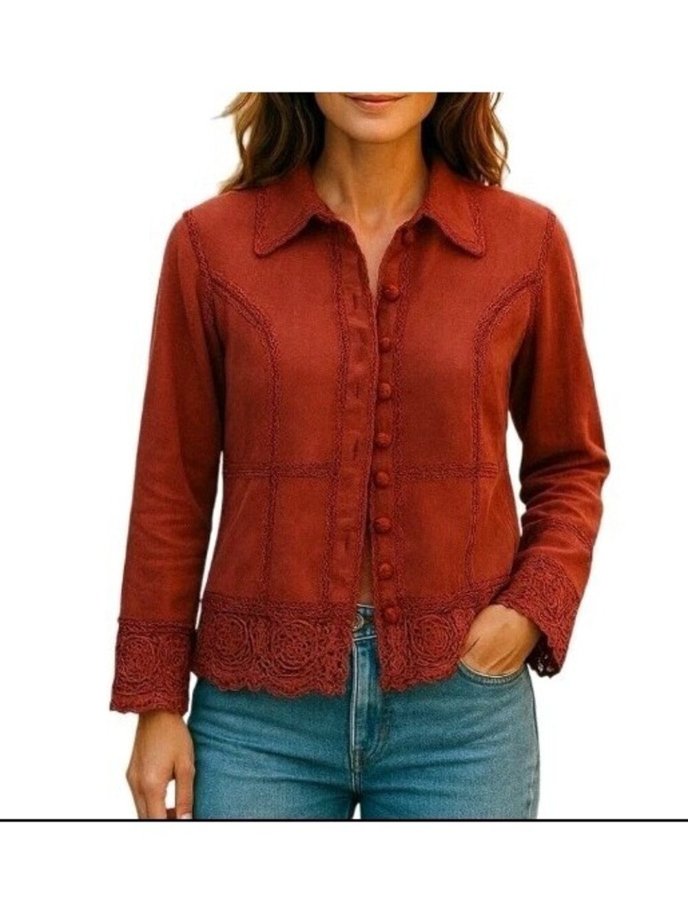 Bagatelle Womens XL Boho Leather  Suede Crochet Trim Cardigan Sweater Jacket